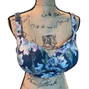 Cacique‎ 40DDD Floral Print Full Coverage Underwire Bra Navy Blue Pink Blue